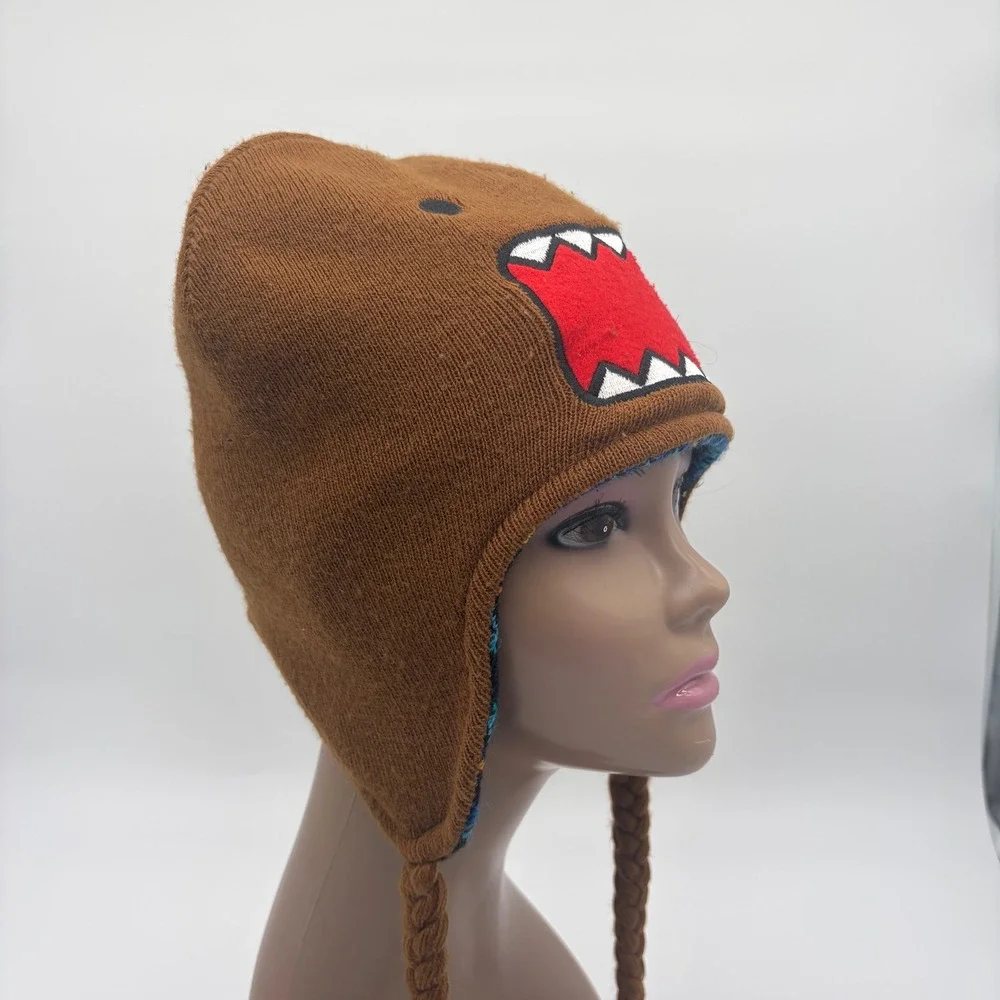 DOMO KUN Brown Knit Trapper Beanie with Braids and Aztec Pattern Y2K Rare‎